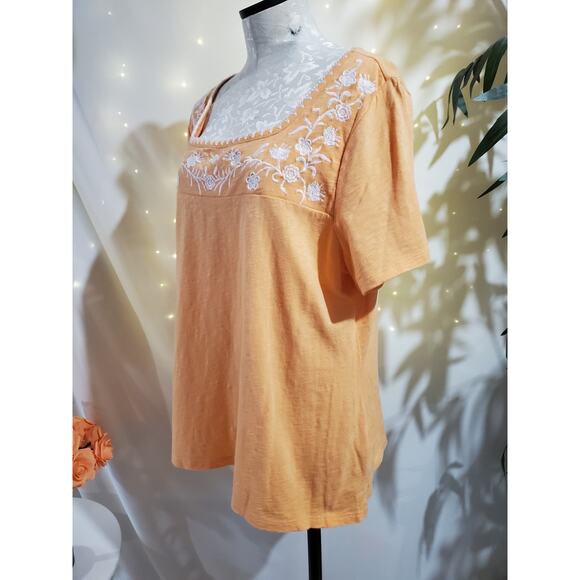 Talbots Embroidered Floral Square Neck Short Sleeve Top Size XL Slub Knit Cotton - Picture 2 of 11